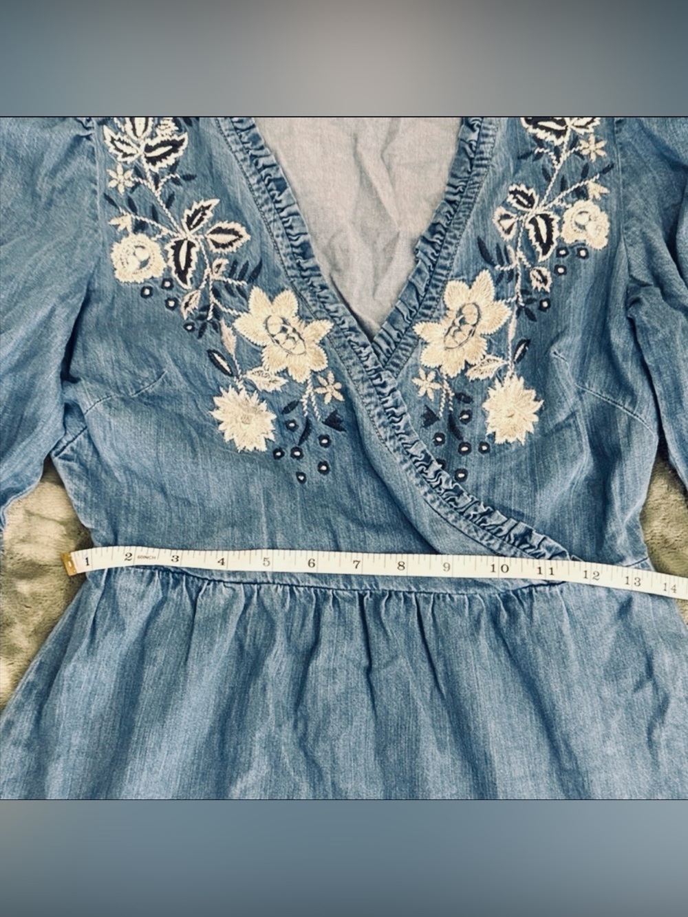 Monsoon Blue Denim Embroidered Tiered Midi Dress Size 8 - Picture 7 of 11